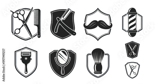 A collection of vintage barber symbols including scissors, combs, razors, and grooming tools