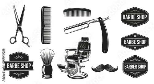 A collage of classic barber shop elements, featuring scissors, a comb, a straight razor, and more