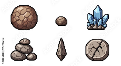 A collection of six stylized rocks and minerals in various shapes including a crystal cluster