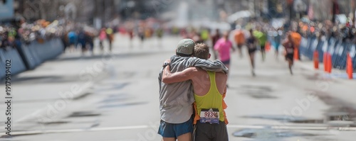 marathon runners helping each other finish line emotional photography