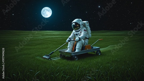 Astronaut in Space Suit Mowing Grass Under Full Moon at Night