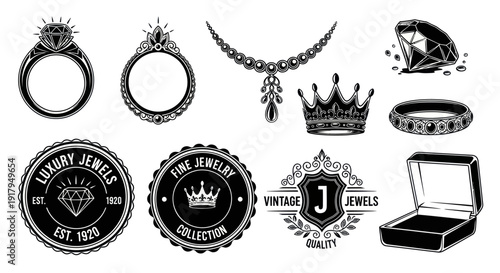 A collection of vintage jewelry and diamonds, including rings, necklaces, crowns, and a box