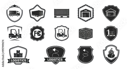 Various black and white logistics-themed badges featuring trucks, forklifts, containers, and shipping icons