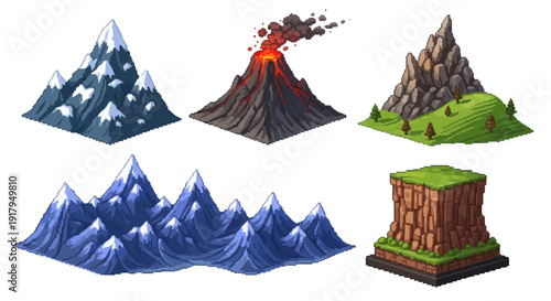 Five pixel art mountain designs include snowy peaks, a volcano, rugged elevation, and rocky cliffs