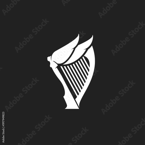 Stylized Winged Harp with Woman's Head Silhouette Logo on Black Background