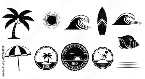 A collection of beach-themed icons including palm trees, waves, surfboards, and seashells