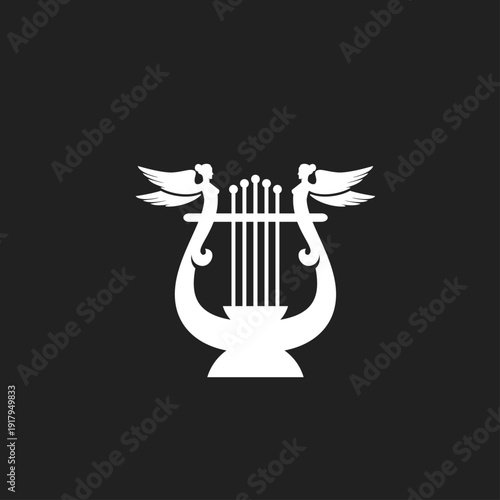 White Lyre Icon with Winged Angel Figures on Black Background - Classical Music and Harmony Symbol