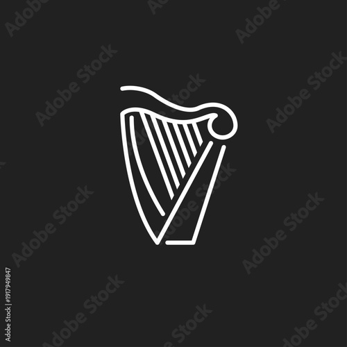 Minimalist White Outline Harp Icon on Black Background, Simple Line Art Graphic Design of a Musical Instrument.