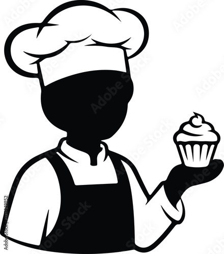 Cute Bakery Worker Silhouette with Cupcake Outline
