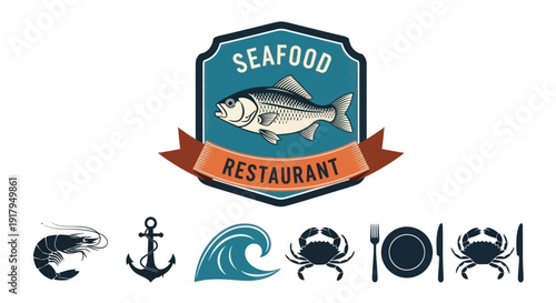 A colorful seafood restaurant logo featuring a fish, shrimp, anchor, wave, crab, and utensils