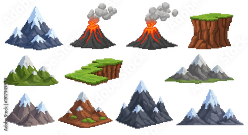A collection of pixel-art mountain landscapes, including snowy peaks, volcanoes, and grassy cliffs
