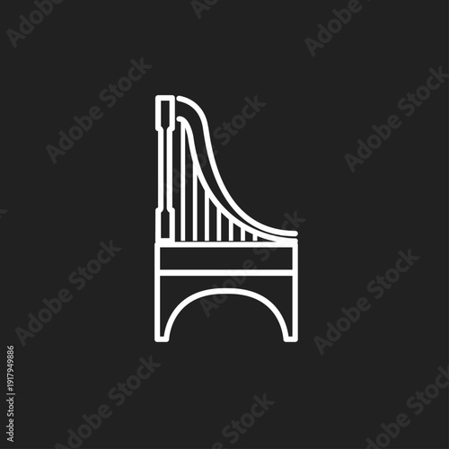 Harp Musical Instrument White Line Art Icon on Black Background