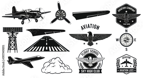 A collection of aviation-themed icons, including planes, propellers, wings, and flight school emblems