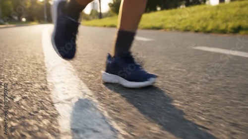 Wallpaper Mural A person's feet in blue athletic shoes jogging on an asphalt road during Torontodigital.ca