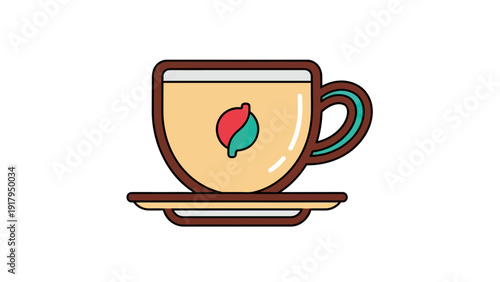 Cartoon coffee cup with stylized handle, design on body, and matching saucer