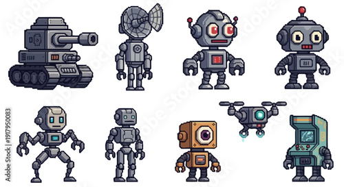 A collection of pixel art robots including a tank, drone, and various humanoid and vintage designs