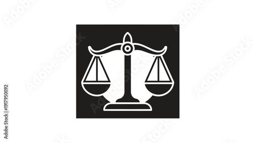 A white outlined scale of justice icon on a black background