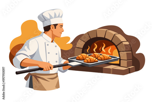 Baker pulling fresh croissants from a brick oven.