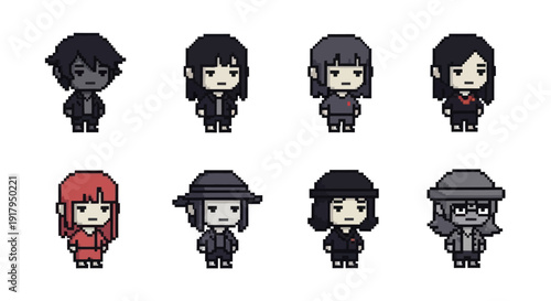 Eight pixel art characters displaying diverse hairstyles, outfits, and expressions in a grid layout
