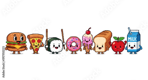 Colorful, cute food characters including a burger, pizza, sushi, donut, ice cream, apple, and milk