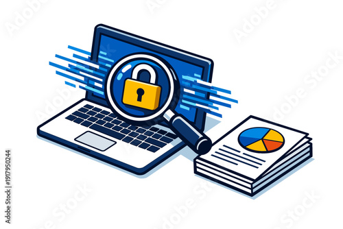 Laptop security concept with magnifying glass and padlock icon.