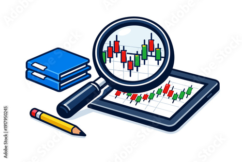 Financial Stock Market Analysis Tools Magnifying Glass Tablet.