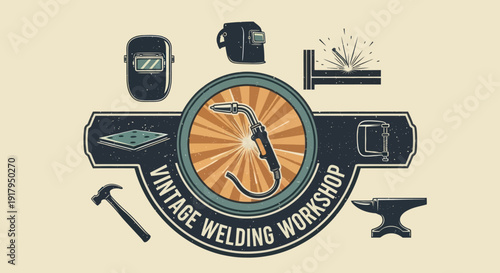 A vintage-themed welding workshop illustration featuring tools like a welding torch, helmet, and anvil