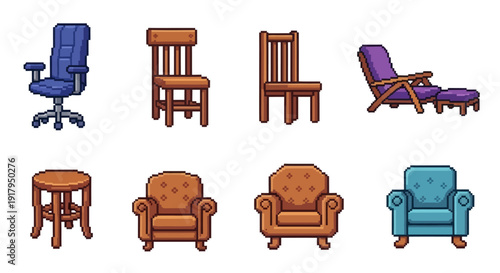 A collection of pixel art chairs, including office, dining, lounge, and armchair designs