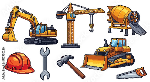 A collection of construction vehicles and tools, including an excavator, crane, and safety gear