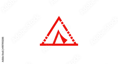 A bold red triangular logo encasing a stylized tent symbol on a pure white background
