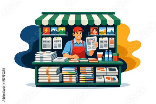 Man selling newspapers and magazines at a newsstand.