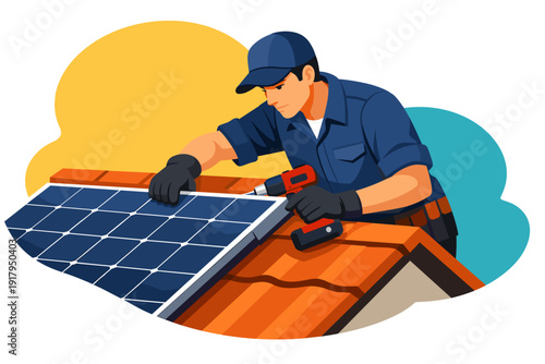 Worker installing solar panel on rooftop using power drill.