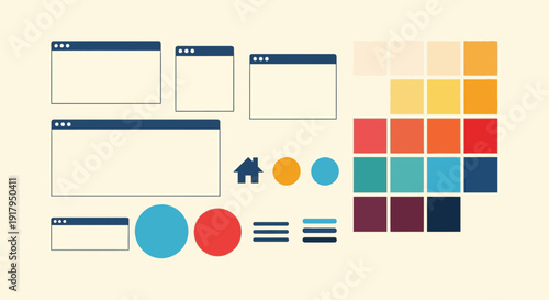 Web design concept, UI elements, color palette, wireframe