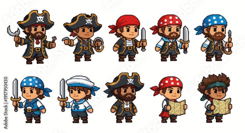 A collection of pixel art pirates in various outfits wielding swords, maps, and pirate accessories