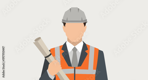 Construction worker with blueprints, hard hat and safety vest