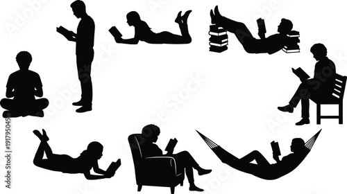People Reading Books Silhouette Set with Sitting, Standing, Lying and Hammock Poses for Education and Leisure Concept