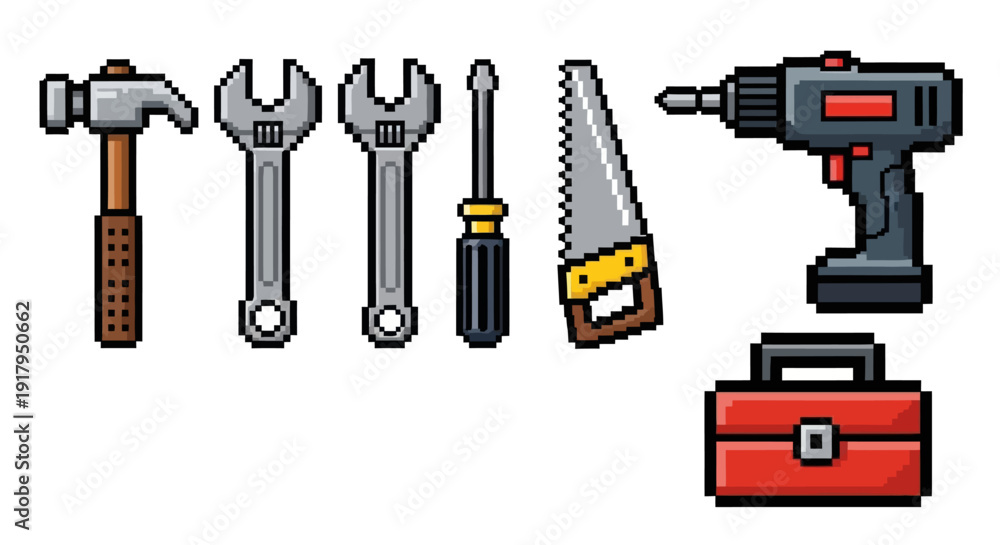 Obraz premium A collection of pixel-art style tools including a hammer, wrenches, screwdriver, saw, drill, and toolbox