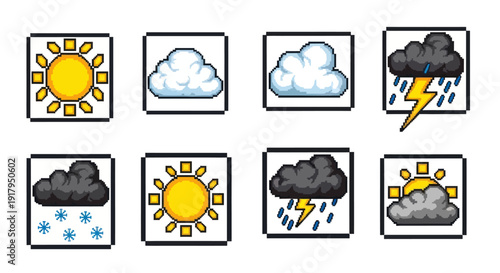 A grid of eight pixel art weather icons, showcasing sun, clouds, rain, and snow in various combinations