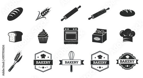 A collection of black and white bakery-themed icons including bread, utensils, and logos