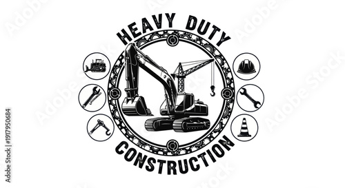 A detailed graphic showcasing heavy-duty construction equipment surrounded by relevant icons