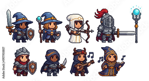 A collection of eight unique pixelated characters, each showcasing distinct fantasy roles and attire