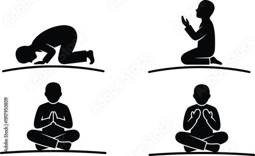 Muslim Prayer Silhouette Set Showing Different Islamic Salah Positions Including Prostration, Sitting and Supplication Poses