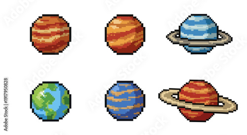 Pixel art depiction of six colorful planets, showcasing Earth, Jupiter, and Saturn in a grid