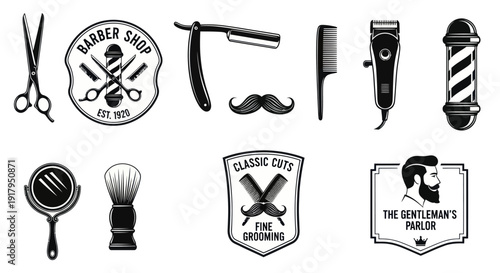 A collection of vintage barber shop tools and icons, including scissors, razors, and combs