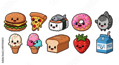 A collection of cute, cartoonish food items including burgers, sushi, ice cream, and milk