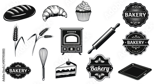 A collection of bakery-themed illustrations featuring bread, pastries, wheat, and kitchen tools