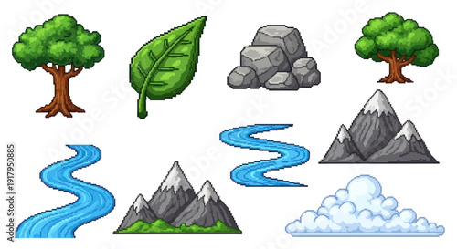 A collection of pixel art elements featuring trees, rocks, mountains, rivers, a leaf, and clouds