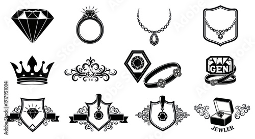 A collection of elegant black and white jewelry-related icons including crowns, diamonds, and rings
