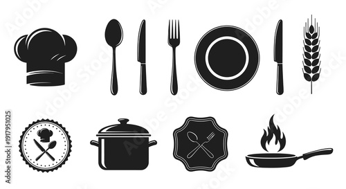 A collection of black culinary icons including a chef hat, utensils, plates, and cooking elements
