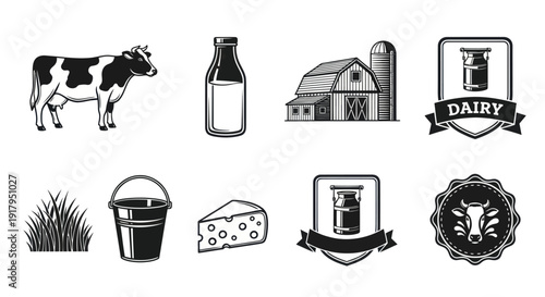 A collection of dairy-themed graphics featuring a cow, milk, cheese, and farm elements